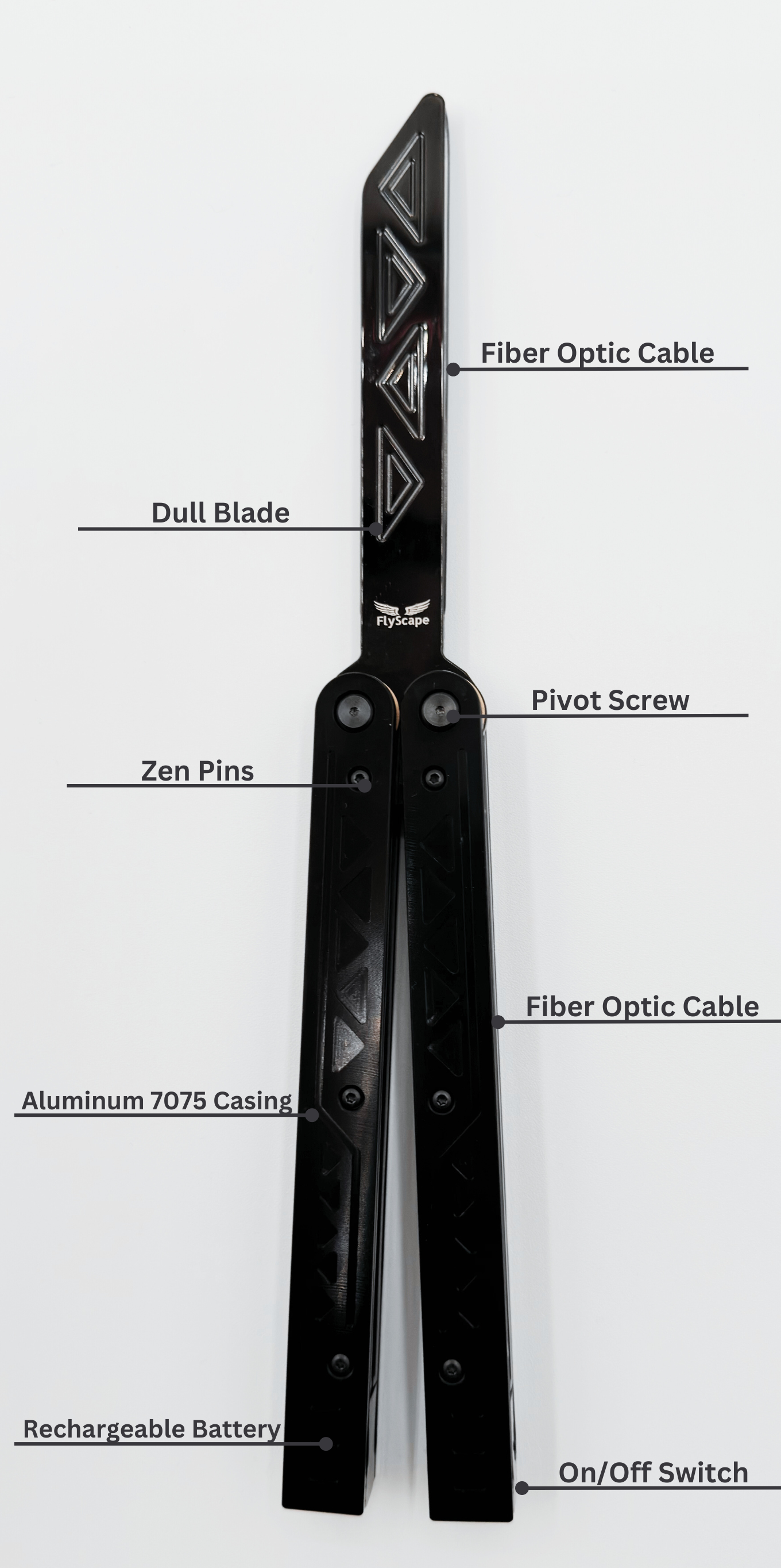 Diagram of the FlyScape balisong trainer with labeled components, including a dull blade, fiber optic cable, pivot screw, zen pins, Aluminum 7075 casing, rechargeable battery, and an on/off switch. The trainer is shown fully open on a white background, highlighting each part of its design and functionality.