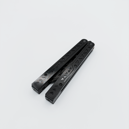 Closed EOS rechargeable balisong with anodized black finish, shown with unlit fiber optic technology.