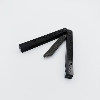 Partially open EOS butterfly trainer in anodized black Aluminum 7075 casing, fiber optics unlit.