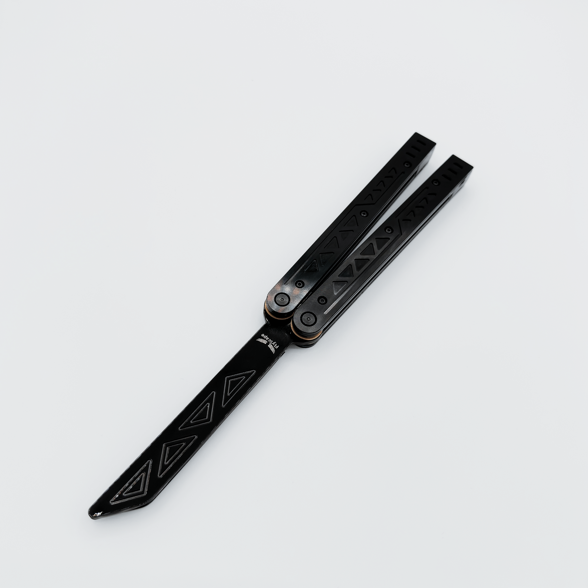 The EOS light-up balisong trainer with anodized black Aluminum 7075 casing, shown unlit.