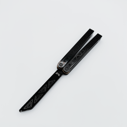 The EOS light-up balisong trainer with anodized black Aluminum 7075 casing, shown unlit.